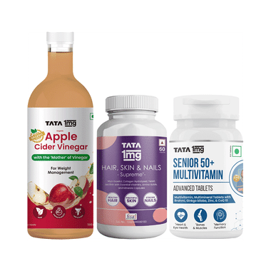 Combo Pack of Tata 1mg Senior 50+ Multivitamin & Multimineral Advanced Tablet (60), Hair, Skin & Nails Supreme Capsule(60) & Organic Apple Cider Vinegar (500ml)