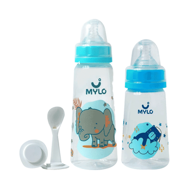 Mylo 2 In 1 BPA Free With Anti-Colic Nipple & Spoon Baby Feeding Bottle (125ml & 250 Ml) Bear & Elephant