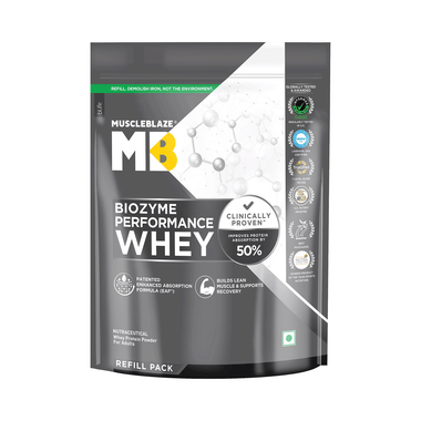 MuscleBlaze Biozyme Performance Whey Protein Powder | Flavour Unflavoured Refill Pack