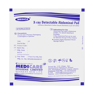 Medica X-Ray Detectable Abdominal Pad Sterile E/O 25cm X 40cm X 8 Ply