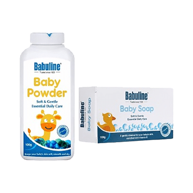 Babuline Baby Powder 100gm (Pack Of 2) & Baby Soap 100gm (Pack Of 2) Each Travel Kit | Suitable & Safe For Newborn Babies | Vitamin E | Paraben & Sulphate Free | Dermatologically Tested