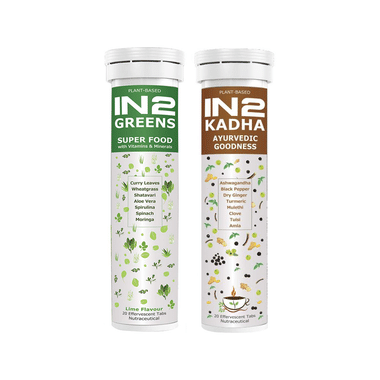 IN2 Combo Pack Of Kadha Ayurvedic Goodness Effervescent Tablet & Greens Super Food Effervescent Tablet With Vitamins & Minerals (20 Each) Natural & Lime