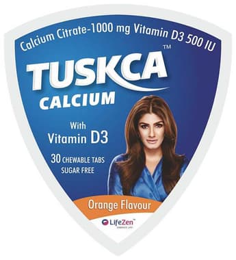Tuskca Calcium with Vitamin D3 (500 IU) | Sugar Free | Flavour Orange Chewable Tablet