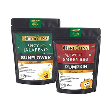 Herbolina Combo Pack Of Pumpkin & Sunflower Roasted Seeds (150gm Each) Sweet Smoky BBQ & Spicy Jalapeno