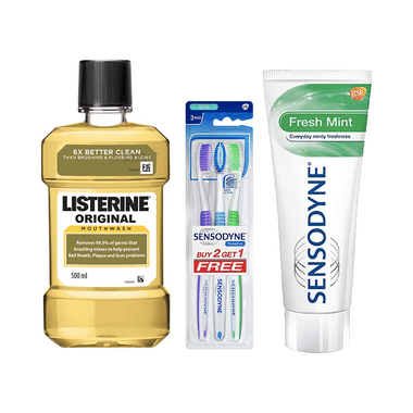 Oral Care Combo Of Listerine Original Mouth Wash 500ml, Sensodyne Sensitive Soft Gentle On Teeth Toothbrush Buy 2 Get 1 Free And Sensodyne Fresh Mint Toothpaste 150gm