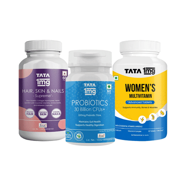 Combo Pack of Tata 1mg Women's Multivitamin Advanced Tablet (60), Hair, Skin & Nails Supreme Capsule (60) and Probiotics 30 Billion CFUs+ Capsule (60)