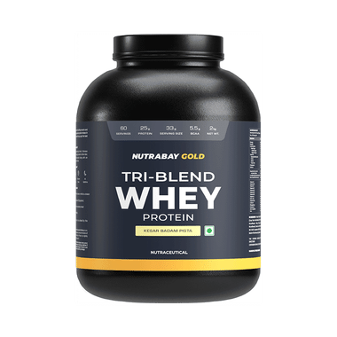 Nutrabay Gold Tri-Blend Whey Protein For Muscle Recovery & Immunity | No Added Sugar | Flavour Powder Kesar Badam Pista