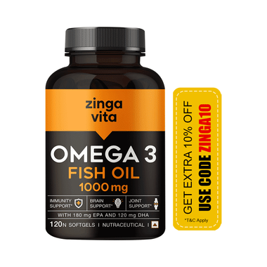 Zingavita Omega 3 Fish Oil 1000mg Soft Gelatin Capsule with EPA & DHA | For Heart, Brain & Joint Health |