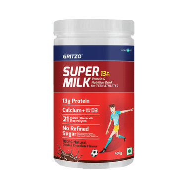 Gritzo SuperMilk For Active Kids, Protein Powder For Kids, High Protein (6 G), DHA, Calcium + D3, 21 Nutrients, No Refined Sugar, 100% Natural Double Chocolate Flavour 13+ Years Double Chocolate