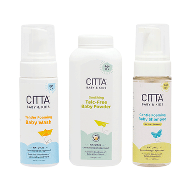 Citta Combo Pack of Tender Foaming Baby Wash 150ml, Gentle Foaming Baby Shampoo 150ml & Soothing Talc-Free Baby Powder 200gm