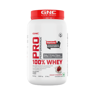 GNC Pro Performance 100% Whey Protein |  With Digestive Enzymes & Electrolytes | For Metabolism & Lean Muscles Recovery | Flavour Powder Creamy Strawberry