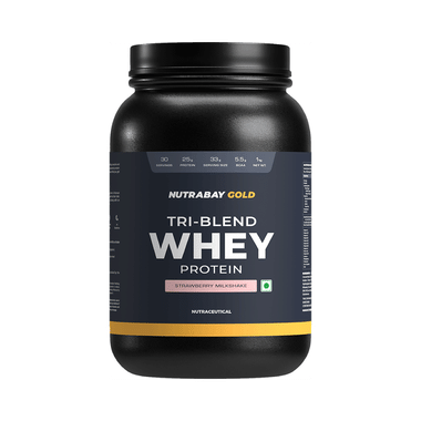 Nutrabay Gold Tri-Blend Whey Protein For Muscle Recovery & Immunity | No Added Sugar | Flavour Strawberry Milkshake