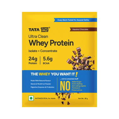 Ultra Clean Whey Protein Isolate + Concentrate | 24g Protein, 5.6g BCAAs per Serve | by Tata 1mg | Hazelnut Chocolate No Added Sugar