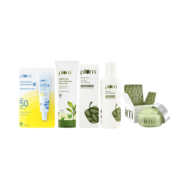 Plum Combo Pack of Green Tea Alcohol-Free Toner (200ml), Green Tea Pore Cleansing with Glycolic acid Face Wash (100ml), Green Tea Renewed Clarity Night Gel (50gm), Green Tree Oil-Free Moisturiser | Fragrance-Free (50ml) & 2% Niacinamide and Rice Water Hybrid Face Sunscreen SPF 50 PA+++ (50gm)