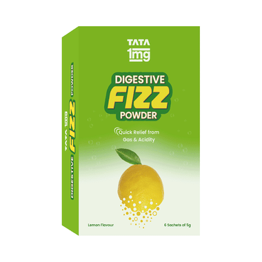 Tata 1mg Digestive Fizz Antacid Powder Sachet (5g Each) for Indigestion, Acidity and Gas | Box of 6 Sachets | Lemon