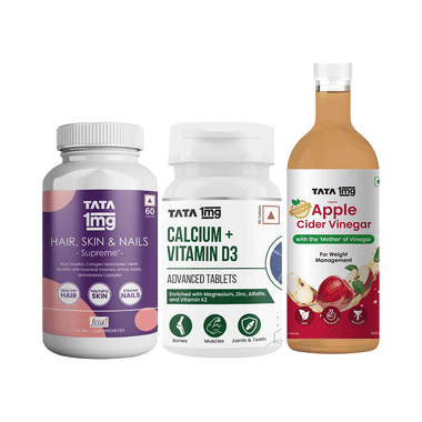 Combo Pack of Tata 1mg Calcium + Vitamin D3 Advanced Tablet (60), Hair, Skin & Nails Supreme Capsule (60) and Organic Apple Cider Vinegar (500ml)