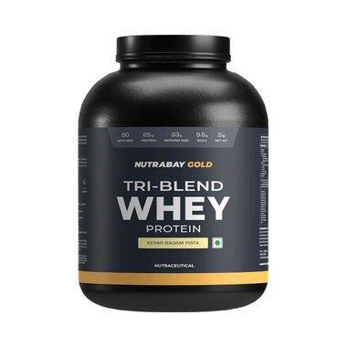 Nutrabay Gold Tri-Blend Whey Protein For Muscle Recovery & Immunity | No Added Sugar | Flavour Powder Kesar Badam Pista