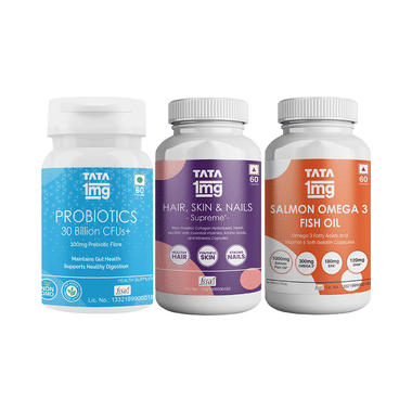 Combo Pack of Tata 1mg Salmon Omega 3 Fish Oil Capsule (60), Hair, Skin & Nails Supreme Biotin Capsule (60) & Probiotics 30 Billion CFUs+ Capsule (60)