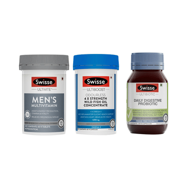 Swisse Combo Pack Of Ultivite Men's Multivitamin 60 Tablet, Ultiboost Odourless 4x Strength Wild Fish Oil Concentrate 60 Capsule & Ultibiotic Daily Digestive Probiotic 30 Capsule