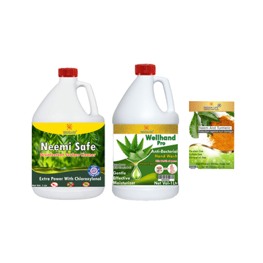 Indian Life Combo Pack Of Neemi Safe Disinfectant (1ltr) & Wellhand Pro Hand Wash (1ltr) With Neem And Turmeric Soap (100gm) Free