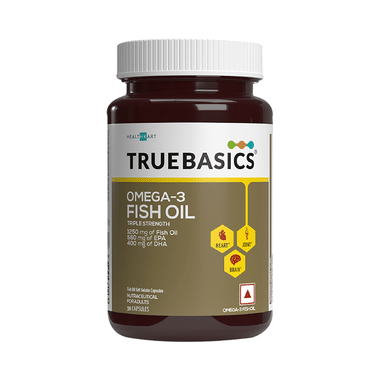 TrueBasics Omega 3 Triple Strength Fish Oil 1250mg | For Brain, Heart & Joints | Soft Gelatin Capsule