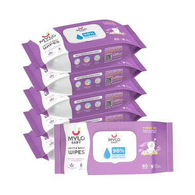 Mylo Baby Gentle Wipes With 98% Pure Water, Coconut Oil & Neem (80 Each) With Lid