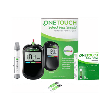 OneTouch Combo Pack of Select Plus Simple Glucometer with 10 Free Strips Black & Select Plus Test Strip (Only Strips) Test Strip Green