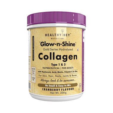 Healthy Hey Nutrition Glow-N-Shine Gold Series Hydrolysed Collagen Type 1 & 3 For Skin, Hair, Nails, Bones & Joints | For Adults | Flavour Cranberry