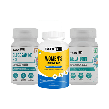 Combo Pack of Tata 1mg Women's Multivitamin Advanced Tablet (60), Glucosamine HCL Advanced Tablet (60) and Melatonin Advanced Capsule (30)