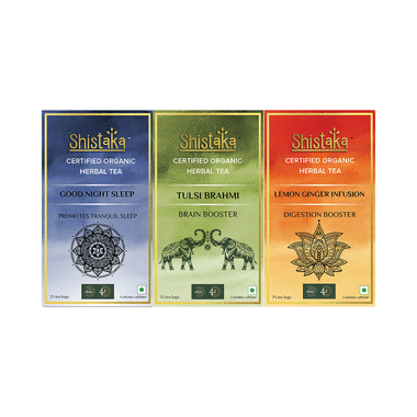 Shistaka Combo Pack Of Certified Organic Herbal Tea (1.8gm Each) Good Night Sleep,Tulsi Brahmi & Lemon Ginger Infusion