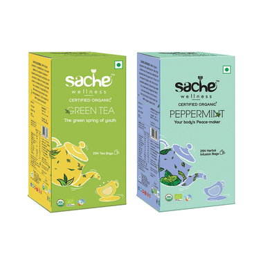 Sache Wellness Combo Pack Of Organic Green Tea 25 Tea Bags & Peppermint 25 Herbal Infusion Bags