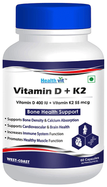 HealthVit Vitamin D (400 IU) & Vitamin K2 (55mcg) for Bone, Brain, Heart, Immunity & Muscle Health | Capsule HealthVit Vitamin D (400 IU) & Vitamin K2 (55mcg) for Bone, Brain, Heart, Immunity & Muscle Health | Capsule