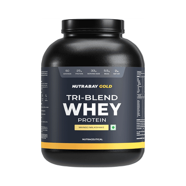 Nutrabay Gold Tri-Blend Whey Protein For Muscle Recovery & Immunity | No Added Sugar | Flavour Powder Mango Milkshake