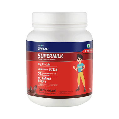 Gritzo SuperMilk For Active Kids, Protein Powder For Kids, High Protein (6 G), DHA, Calcium + D3, 21 Nutrients, No Refined Sugar, 100% Natural Double Chocolate Flavour 13+ Years Double Chocolate