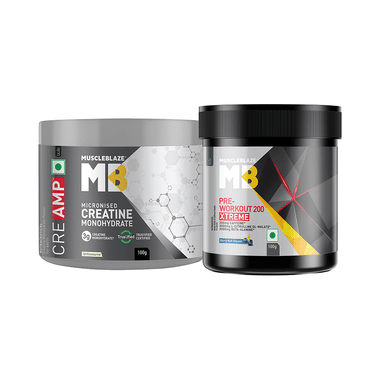 Muscleblaze Combo Pack of Creatine Monohydrate & Pre-Workout 200 Xtreme (100gm Each) Unflavored & Berry Bolt
