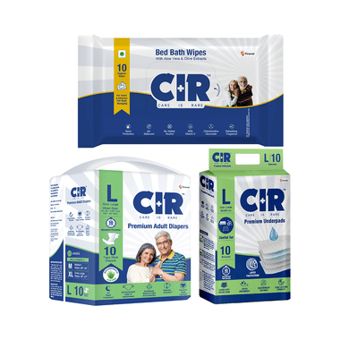 Combo Pack of CIR Premium Adult Unisex Diaper with Aloe Vera Large (10) & Bed bath Wipe (10) & Premium Underpad Large (10)