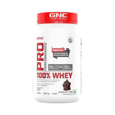 GNC Pro Performance 100% Whey Protein |  With Digestive Enzymes & Electrolytes | For Metabolism & Lean Muscles Recovery | Flavour Powder Chocolate Fudge