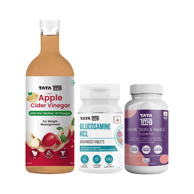 Combo Pack of Tata 1mg Glucosamine HCL 1500 mg Advanced Tablet (60),Hair, Skin & Nails Supreme Capsule (60) & Organic Apple Cider Vinegar (500ml)