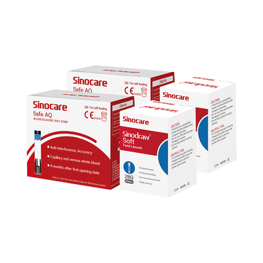 Sinocare Combo Pack Of 2 Box Of Safe AQ Blood Glucose Test Strip & 2 Box Of Sinodraw Soft Twist Lancet (50 Each)