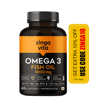 Zingavita Omega 3 Fish Oil 1000mg Soft Gelatin Capsule with EPA & DHA | For Heart, Brain & Joint Health |