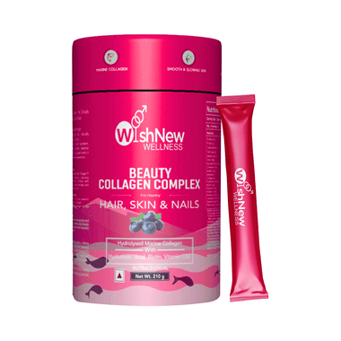 Wishnew Wellness Beauty Collagen Complex Sachet (10gm Each) for Healthy Hair, Skin and Nails with Hydrolysed Marine Collagen Hyaluronic Acid, Biotin & Vitamin C Blueberry