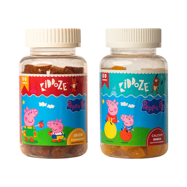 Kiddoze Combo Pack Of Calcium Mango & Iron Strawberry Gummoes (60 Each)