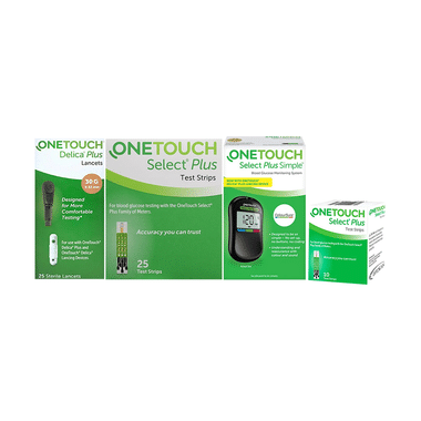 OneTouch Combo Pack of Select Plus Simple Glucometer with 10 Free Strips Black, Select Plus Test Strip (Only Strips) Test Strip Green & Delica Plus Lancets (Only Lancets) 30G