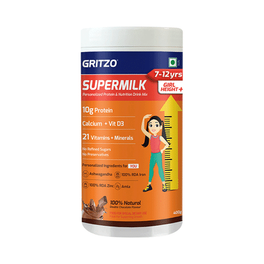 Gritzo Super Girl Milk Protein Height+ for 7 to 12 Years Girl Height+ | With Calcium & Vitamin D3 | Flavour Double Chocolate