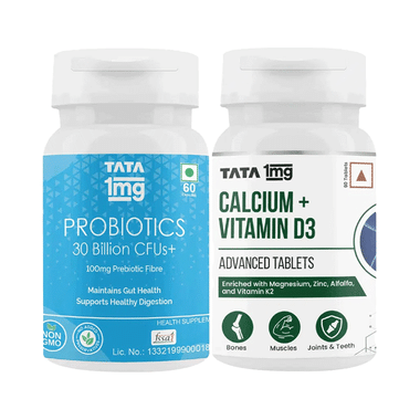 Combo Pack of Tata 1mg Calcium + Vitamin D3 Advanced Tablets & Probiotics 30 Billion CFUs+ Capsule (60 Each)