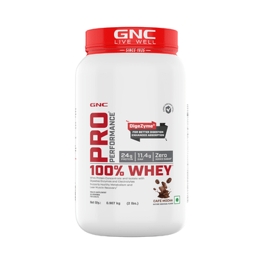 GNC Pro Performance 100% Whey Protein |  With Digestive Enzymes & Electrolytes | For Metabolism & Lean Muscles Recovery | Flavour Powder Cafe Mocha