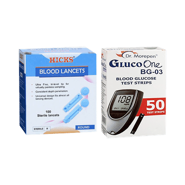 Combo Pack of Dr Morepen Gluco One BG 03 Blood Glucose Test Strip (50) & Hicks Round Blood Sterile Lancets (100)