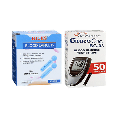 Combo Pack Of Dr Morepen Gluco One BG 03 Blood Glucose Test Strip (50) & Hicks Round Blood Sterile Lancets (100)