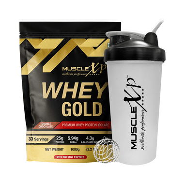 MuscleXP Whey Gold Premium Whey Protein Isolate With Digestive Enzymes Double Chocolate With Shaker