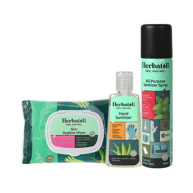 Herbatol Plus Combo Pack Of Skin Hygiene 25 Wipes, Hand Sanitizer 100ml & All-Purpose Sanitizer Spray 75ml